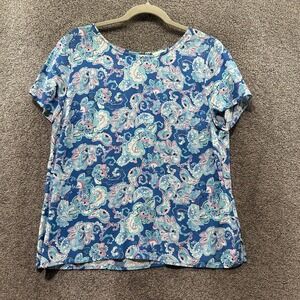 Talbots Blouse Top Women Medium Blue Paisley Rayon‎ Short Sleeve Boho Beach